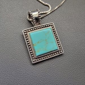 SE 925 Thai Sterling Silver Square Turquoise Pendant Necklace/925 Italy Chain